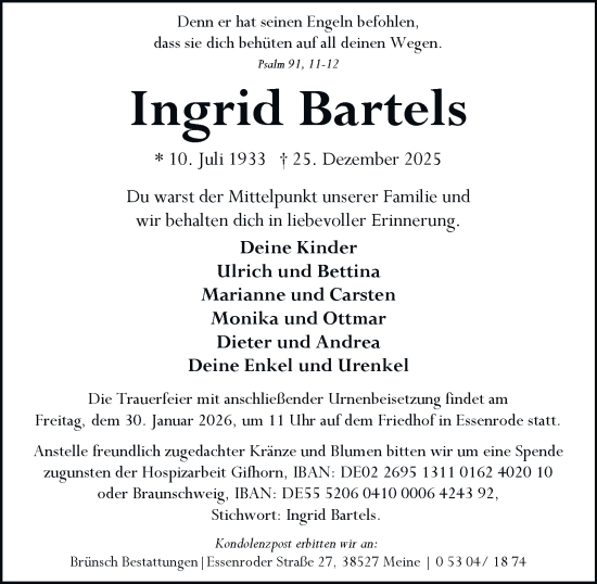 Traueranzeige von Ingrid Bartels von Helmstedter Nachrichten