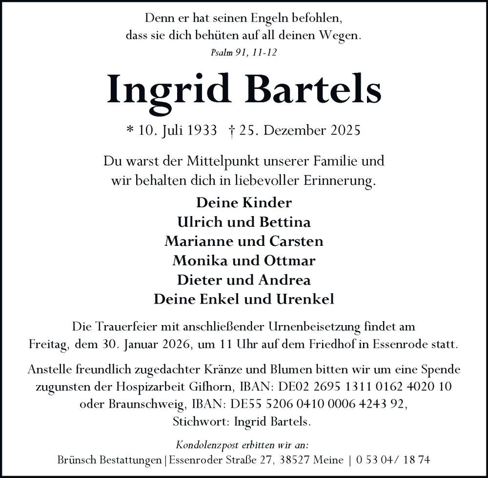  Traueranzeige für Ingrid Bartels vom 10.01.2026 aus Helmstedter Nachrichten