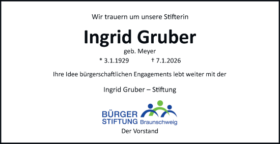 Traueranzeige von Ingrid Gruber von Braunschweiger Zeitung