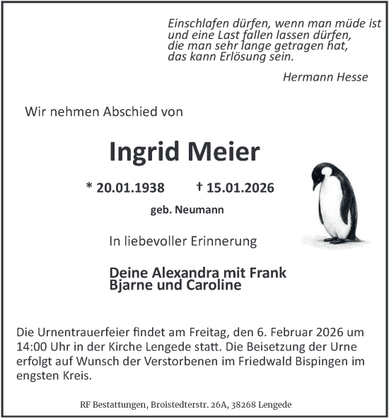 Traueranzeige von Ingrid Meier von Peiner Nachrichten