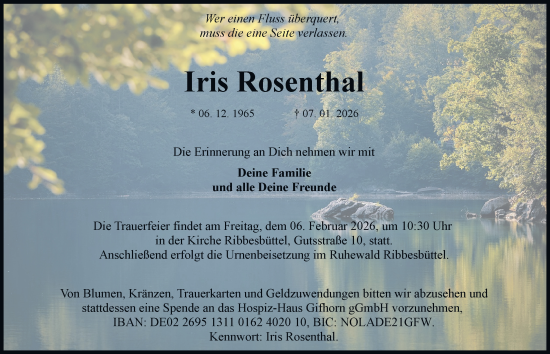 Traueranzeige von Iris Rosenthal von Braunschweiger Zeitung, Wolfsburger Nachrichten
