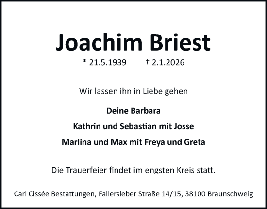 Traueranzeige von Joachim Briest von Braunschweiger Zeitung