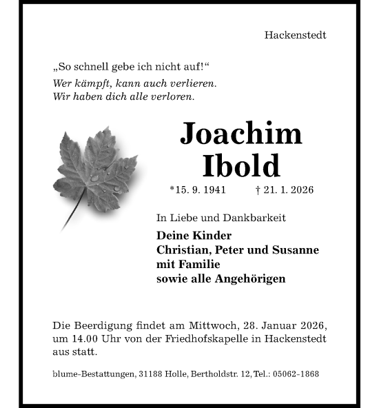 Traueranzeige von Joachim Ibold von Salzgitter-Zeitung