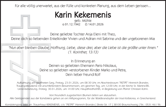 Traueranzeige von Karin Kekemenis von Braunschweiger Zeitung
