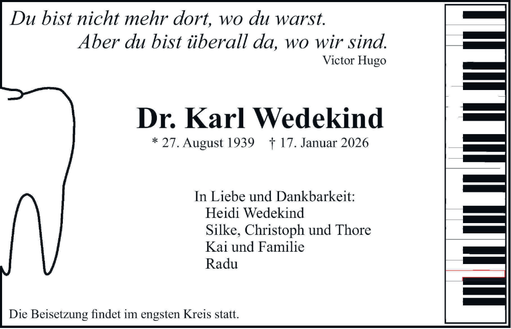  Traueranzeige für Karl Wedekind vom 24.01.2026 aus 