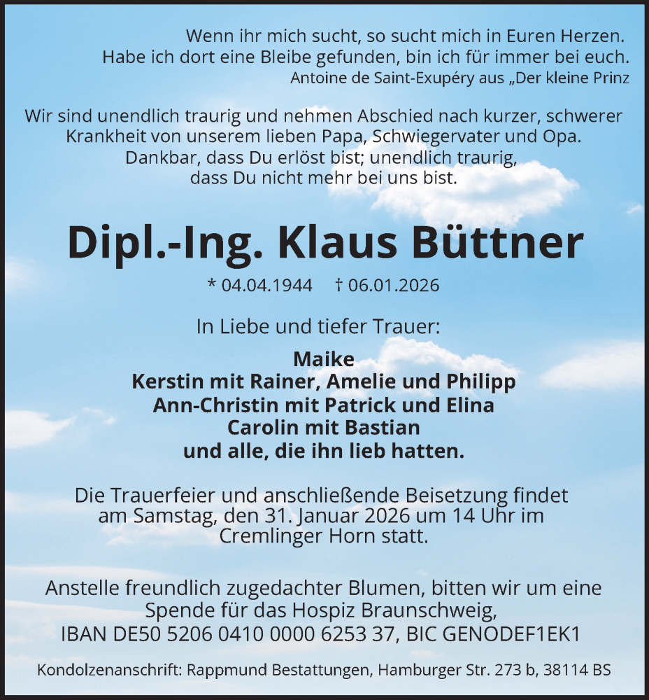  Traueranzeige für Klaus Büttner vom 17.01.2026 aus Braunschweiger Zeitung
