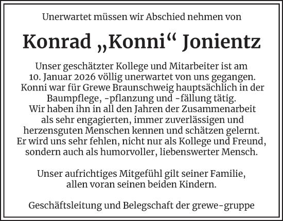 Traueranzeige von Konrad Jonientz von Braunschweiger Zeitung, Braunschweiger Zeitung