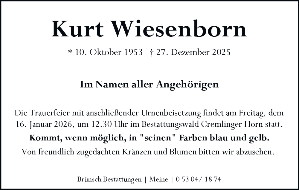  Traueranzeige für Kurt Wiesenborn vom 10.01.2026 aus Braunschweiger Zeitung