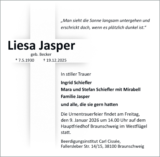 Traueranzeige von Liesa Jasper von Braunschweiger Zeitung