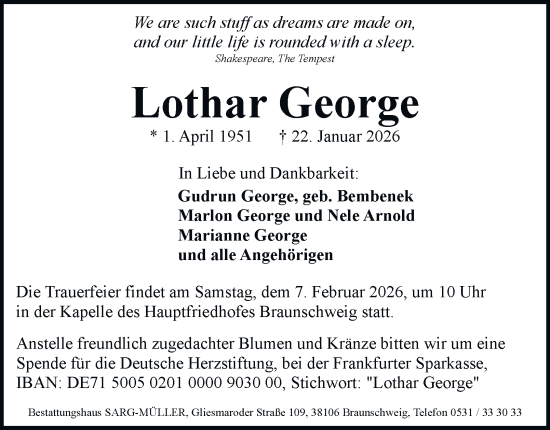Traueranzeige von Lothar George von Braunschweiger Zeitung, Braunschweiger Zeitung