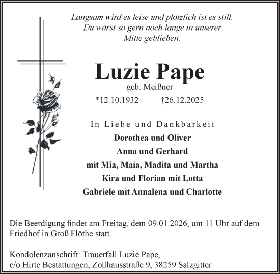 Traueranzeige von Luzie Pape von Salzgitter-Zeitung