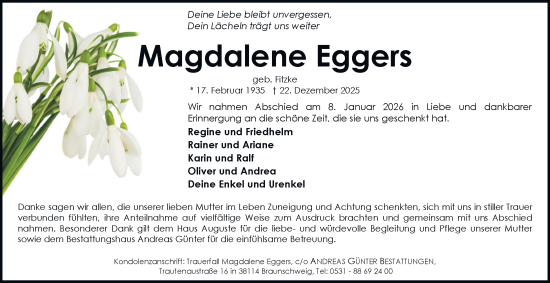 Traueranzeige von Magdalene Eggers von Braunschweiger Zeitung