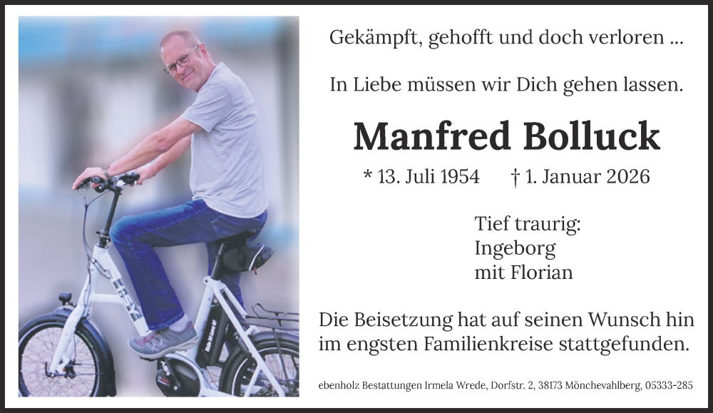  Traueranzeige für Manfred Bolluck vom 17.01.2026 aus Wolfenbütteler Zeitung