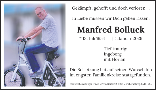 Traueranzeige von Manfred Bolluck von Wolfenbütteler Zeitung