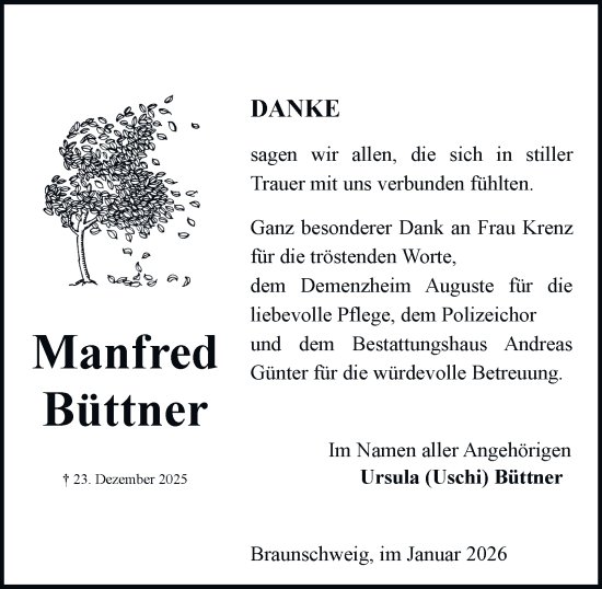 Traueranzeige von Manfred Büttner von Braunschweiger Zeitung, Braunschweiger Zeitung