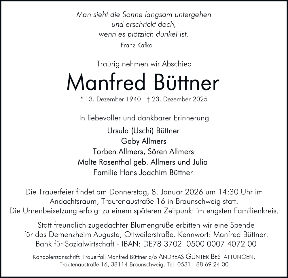  Traueranzeige für Manfred Büttner vom 03.01.2026 aus Braunschweiger Zeitung
