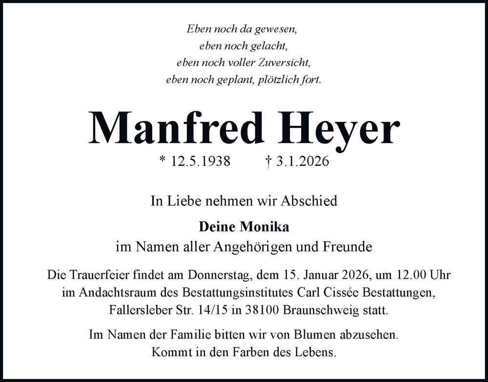  Traueranzeige für Manfred Heyer vom 10.01.2026 aus Braunschweiger Zeitung