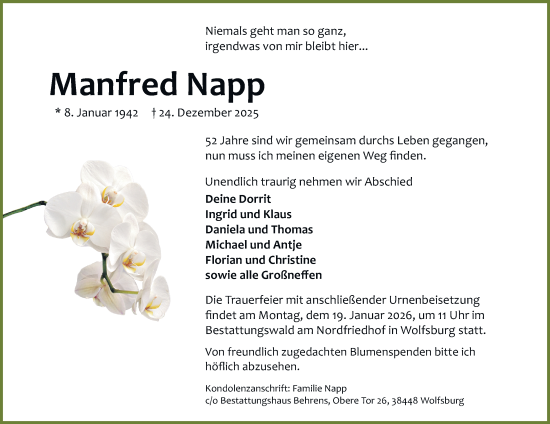 Traueranzeige von Manfred Napp von Braunschweiger Zeitung, Wolfsburger Nachrichten