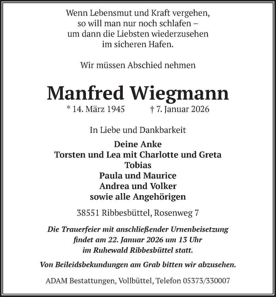  Traueranzeige für Manfred Wiegmann vom 17.01.2026 aus Braunschweiger Zeitung, Wolfsburger Nachrichten