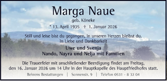 Traueranzeige von Marga Naue von Braunschweiger Zeitung