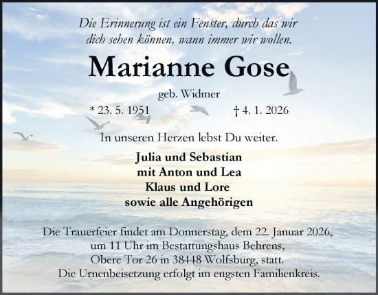 Traueranzeige von Marianne Gose von Braunschweiger Zeitung, Wolfsburger Nachrichten