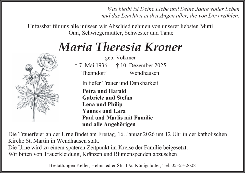  Traueranzeige für Maria Theresia Kroner vom 10.01.2026 aus Helmstedter Nachrichten