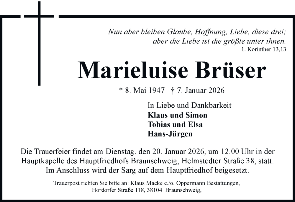  Traueranzeige für Marieluise Brüser vom 17.01.2026 aus Braunschweiger Zeitung