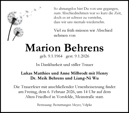 Traueranzeige von Marion Behrens von Braunschweiger Zeitung, Wolfsburger Nachrichten