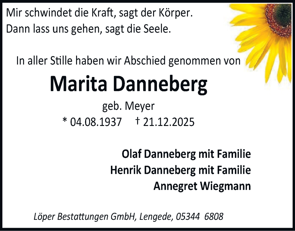  Traueranzeige für Marita Danneberg vom 31.01.2026 aus Peiner Nachrichten