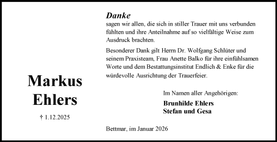 Traueranzeige von Markus Ehlers von Peiner Nachrichten