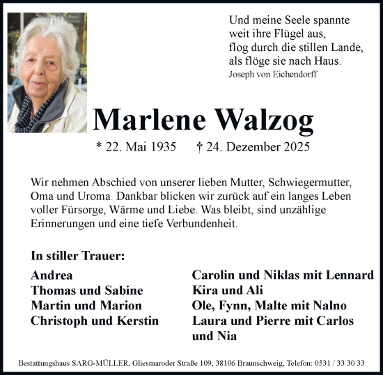 Traueranzeige von Marlene Walzog von Braunschweiger Zeitung