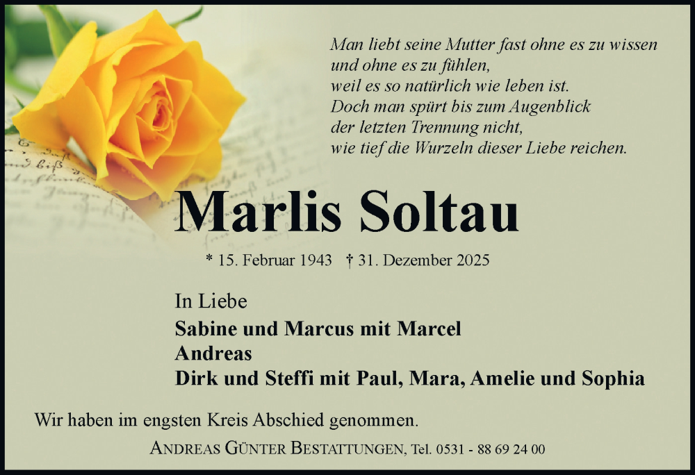  Traueranzeige für Marlis Soltau vom 10.01.2026 aus Braunschweiger Zeitung