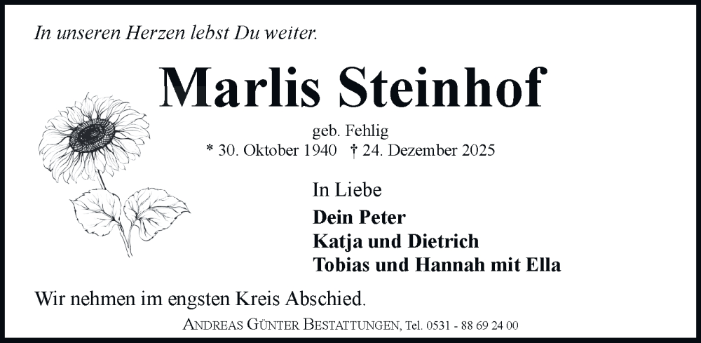  Traueranzeige für Marlis Steinhof vom 03.01.2026 aus Braunschweiger Zeitung