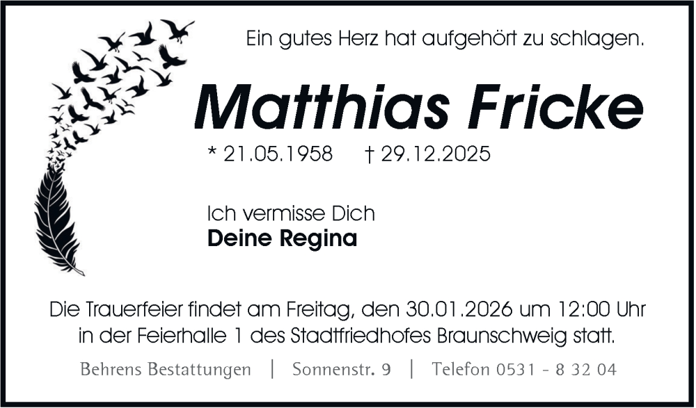  Traueranzeige für Matthias Fricke vom 17.01.2026 aus Braunschweiger Zeitung