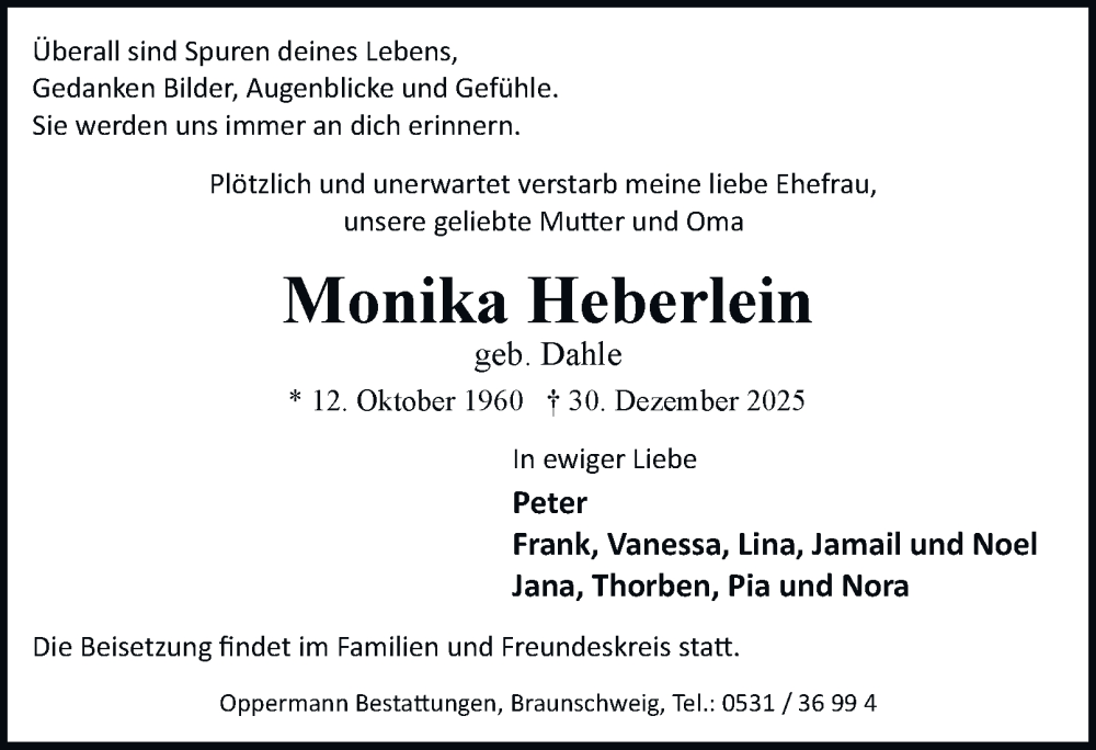 Traueranzeige für Monika Heberlein vom 10.01.2026 aus Braunschweiger Zeitung