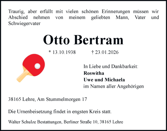 Traueranzeige von Otto Bertram von Helmstedter Nachrichten