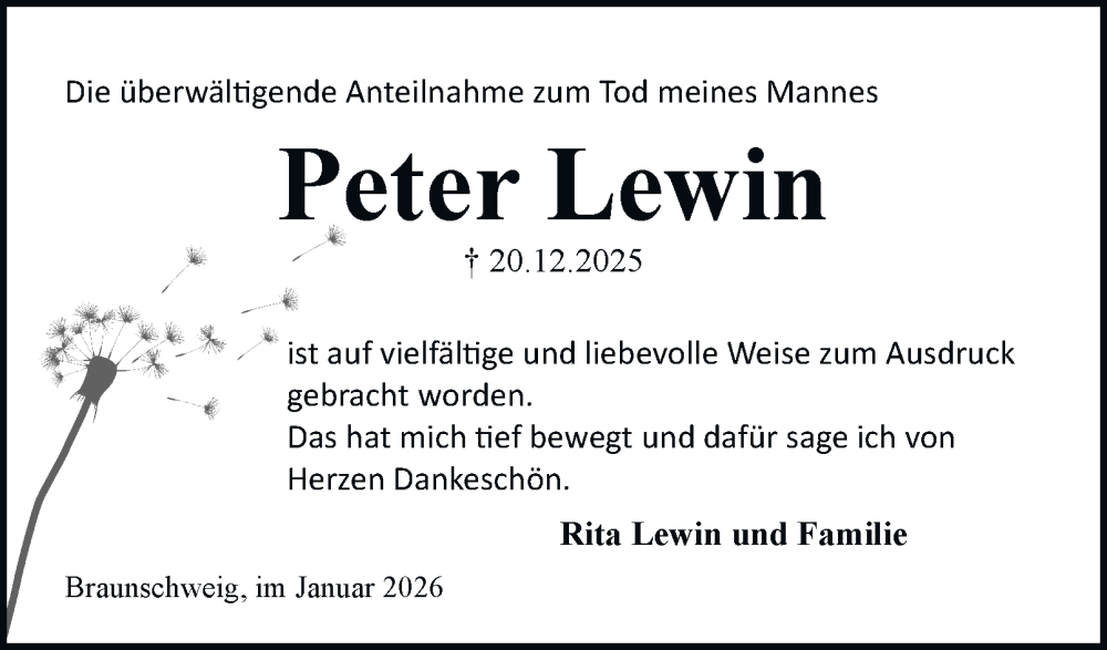  Traueranzeige für Peter Lewin vom 31.01.2026 aus Braunschweiger Zeitung, Braunschweiger Zeitung