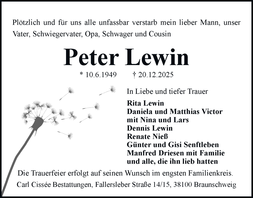  Traueranzeige für Peter Lewin vom 03.01.2026 aus Braunschweiger Zeitung