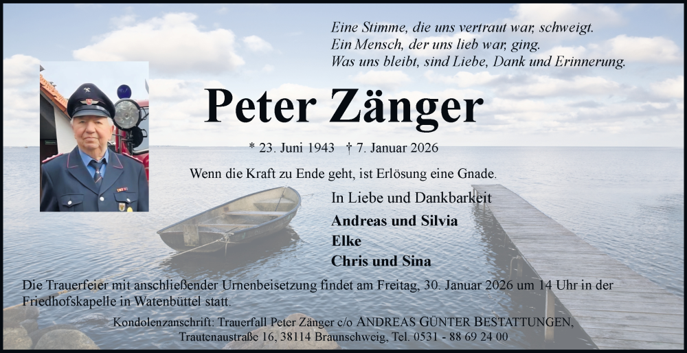  Traueranzeige für Peter Zänger vom 17.01.2026 aus Braunschweiger Zeitung