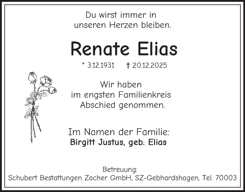  Traueranzeige für Renate Elias vom 17.01.2026 aus Salzgitter-Zeitung