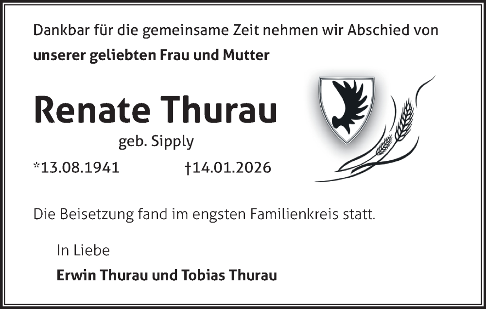  Traueranzeige für Renate Thurau vom 31.01.2026 aus Wolfenbütteler Zeitung