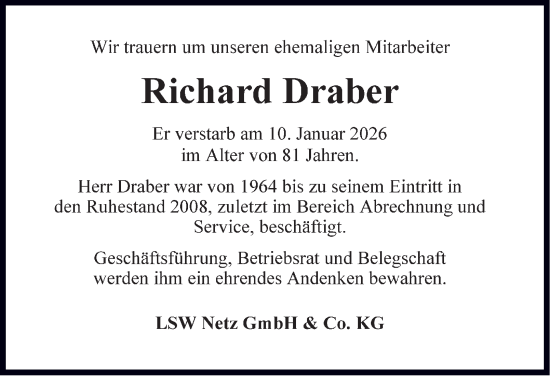 Traueranzeige von Richard Draber von Braunschweiger Zeitung, Wolfsburger Nachrichten