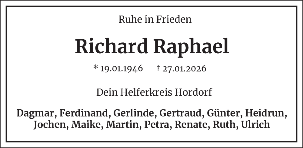  Traueranzeige für Richard Raphael vom 31.01.2026 aus Braunschweiger Zeitung, Braunschweiger Zeitung