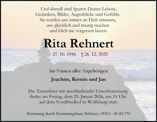 Traueranzeige von Rita Rehnert von Braunschweiger Zeitung, Wolfsburger Nachrichten