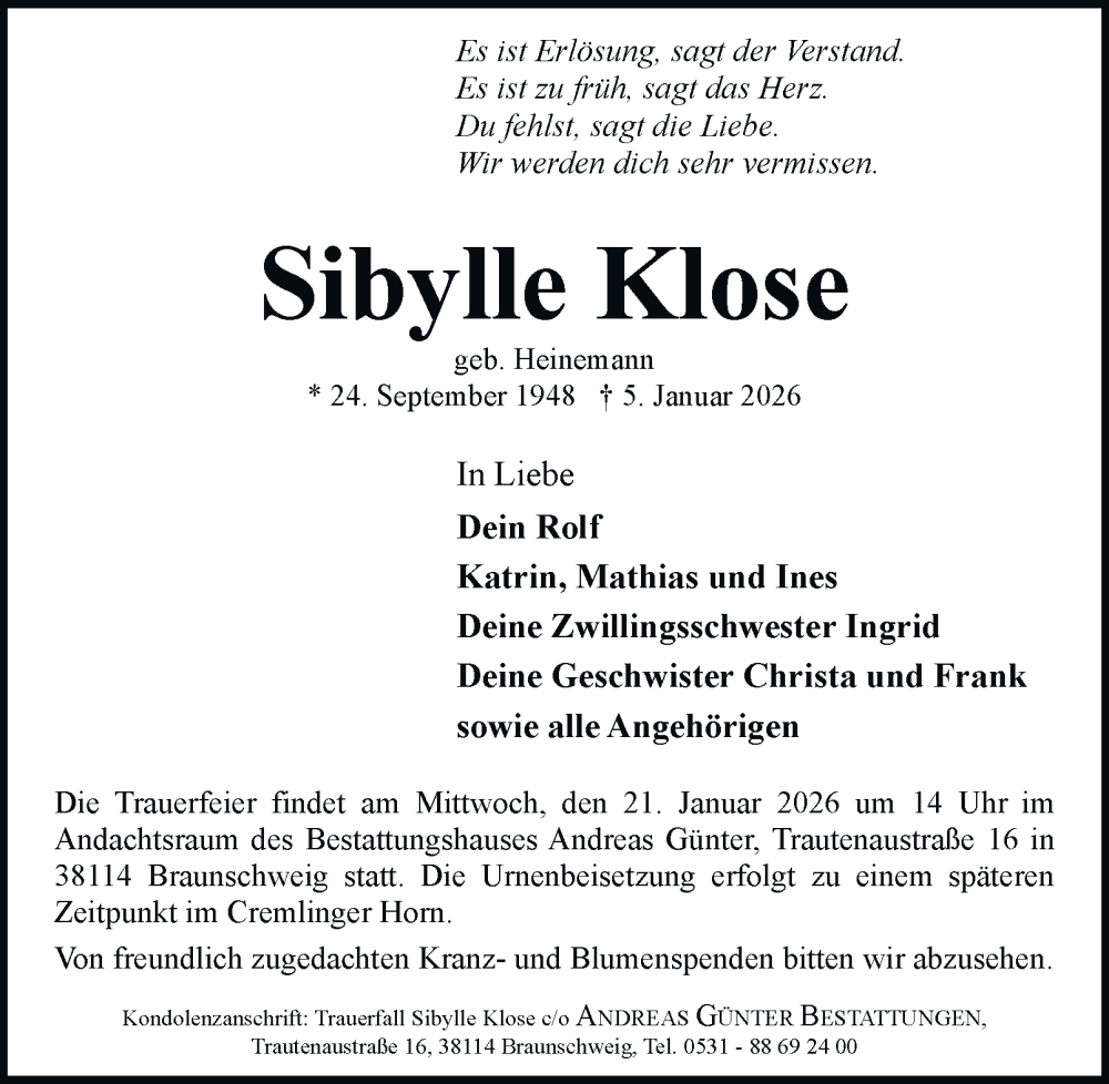  Traueranzeige für Sibylle Klose vom 10.01.2026 aus Braunschweiger Zeitung