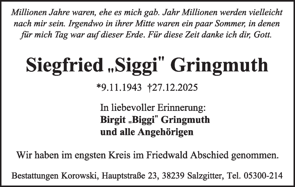  Traueranzeige für Siegfried Gringmuth vom 31.01.2026 aus Braunschweiger Zeitung, Braunschweiger Zeitung