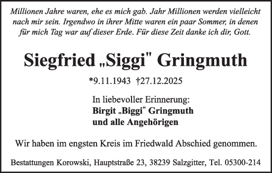 Traueranzeige von Siegfried Gringmuth von Braunschweiger Zeitung, Braunschweiger Zeitung