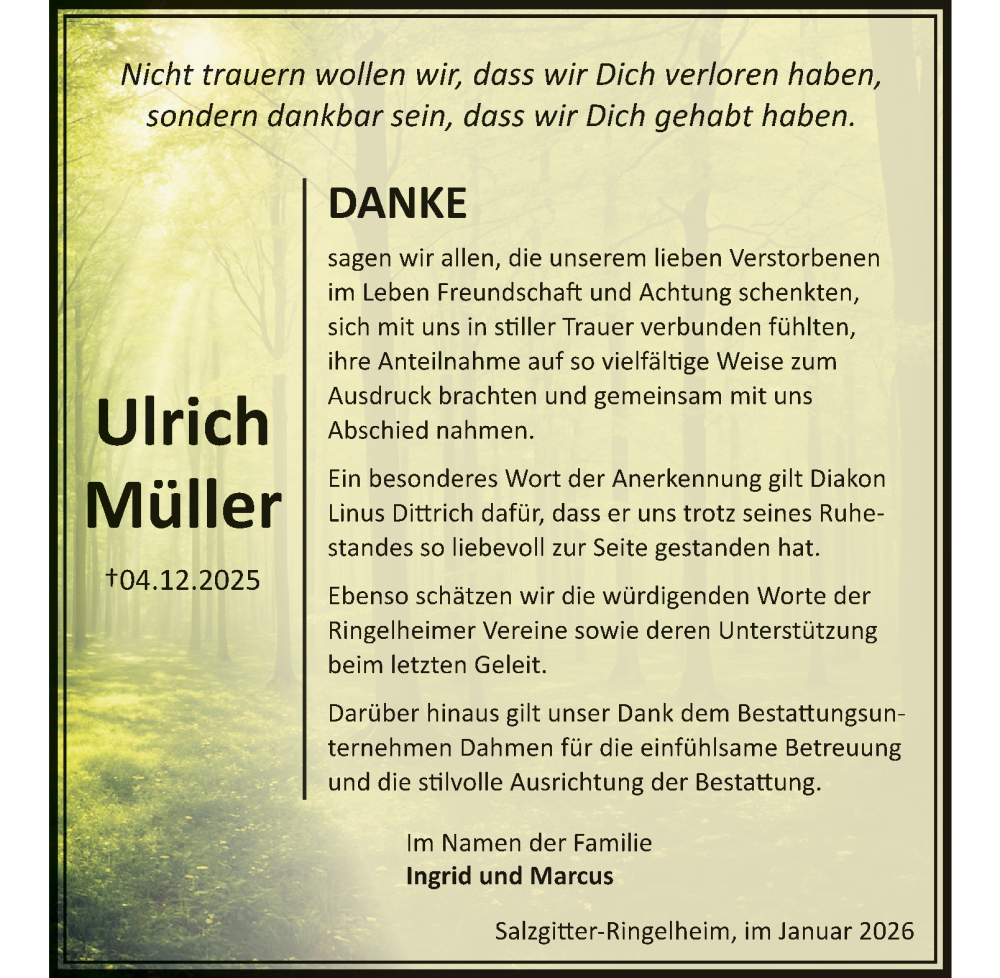  Traueranzeige für Ulrich Müller vom 24.01.2026 aus Salzgitter-Zeitung