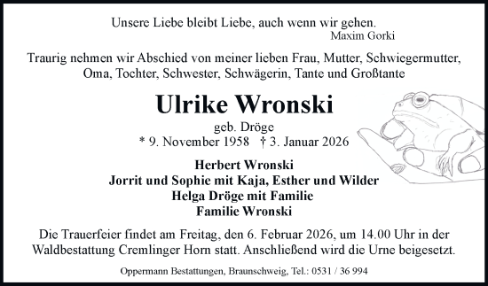 Traueranzeige von Ulrike Wronski von Braunschweiger Zeitung, Braunschweiger Zeitung