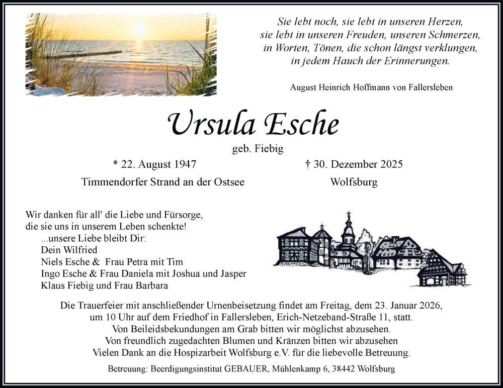  Traueranzeige für Ursula Esche vom 10.01.2026 aus Braunschweiger Zeitung, Wolfsburger Nachrichten